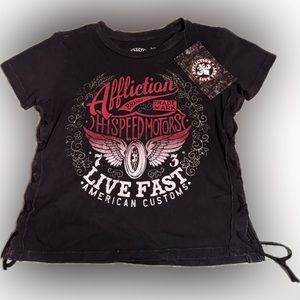Affliction Live Fast High Speed Motors Lace Up Sides Short Sleeve Black Shirt XS